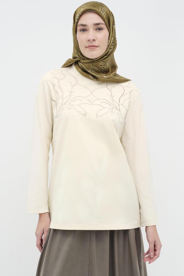 Çiçek Nakışlı Örme Bluz - Krem - 1