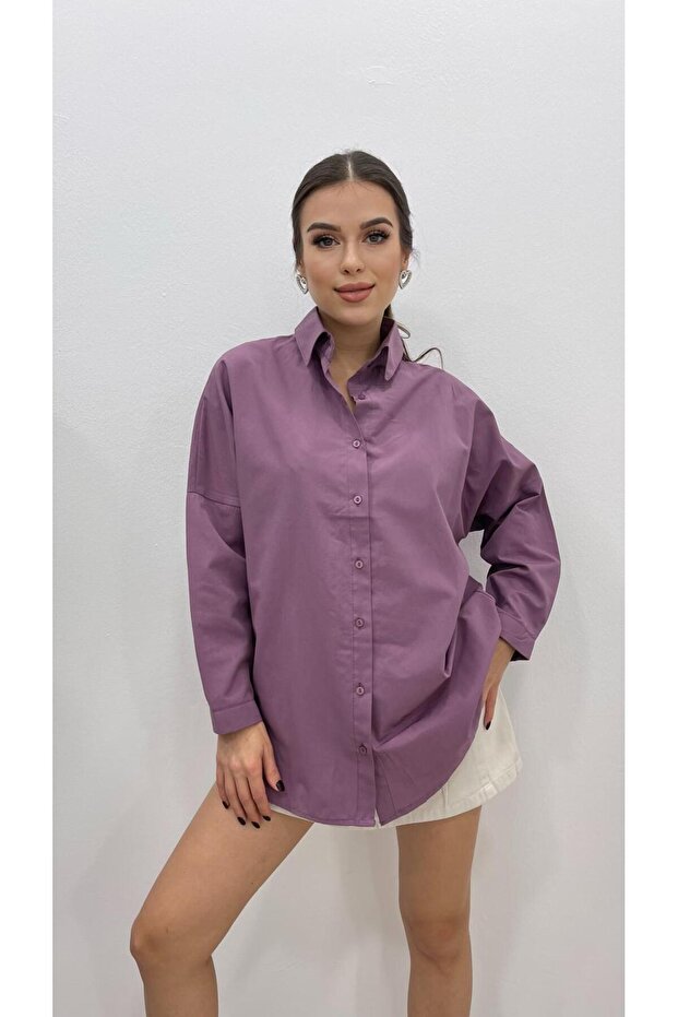 KADIN KOYU LİLA UZUN BASİC GÖMLEK - 5