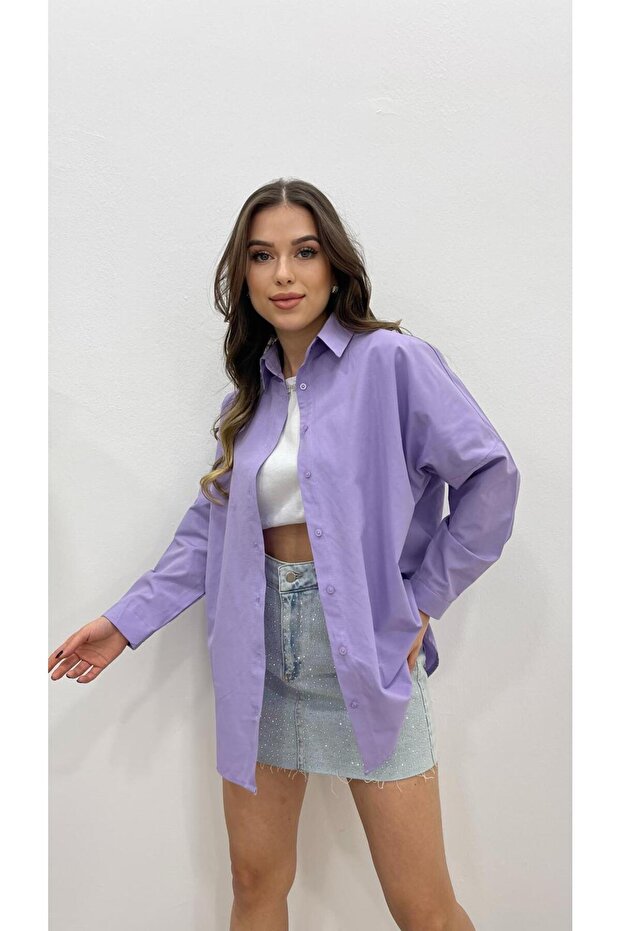 KADIN LİLA UZUN BASİC GÖMLEK - 4