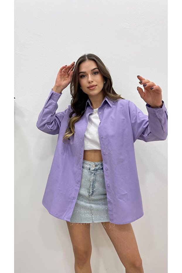 KADIN LİLA UZUN BASİC GÖMLEK - 5