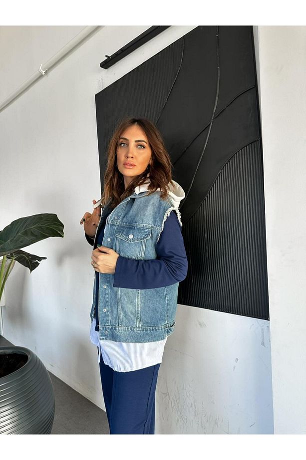 Mavi Kapşonlu Kot Yelek - 4