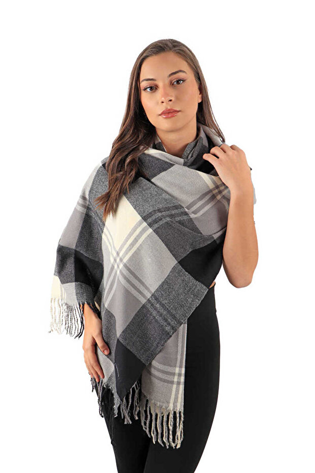 Black Gray Patterned Winter Shawl - 2
