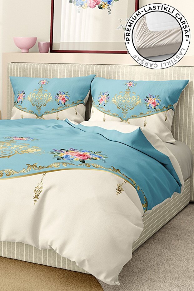 Cotton Satin Duvet Cover Set with Elastic Sheet Deluxe Double Size 3D Blue