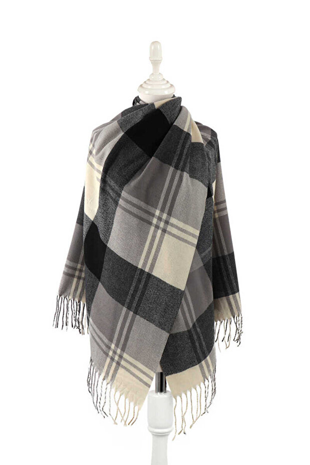 Black Gray Patterned Winter Shawl - 1