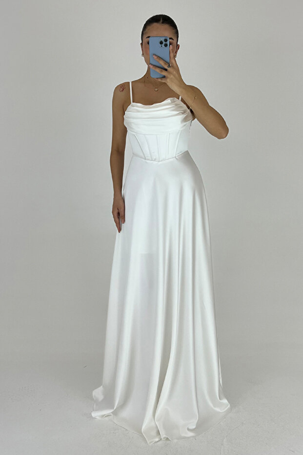 Women's White Thin Straps Back Rope Lacing Detail Evening Dress