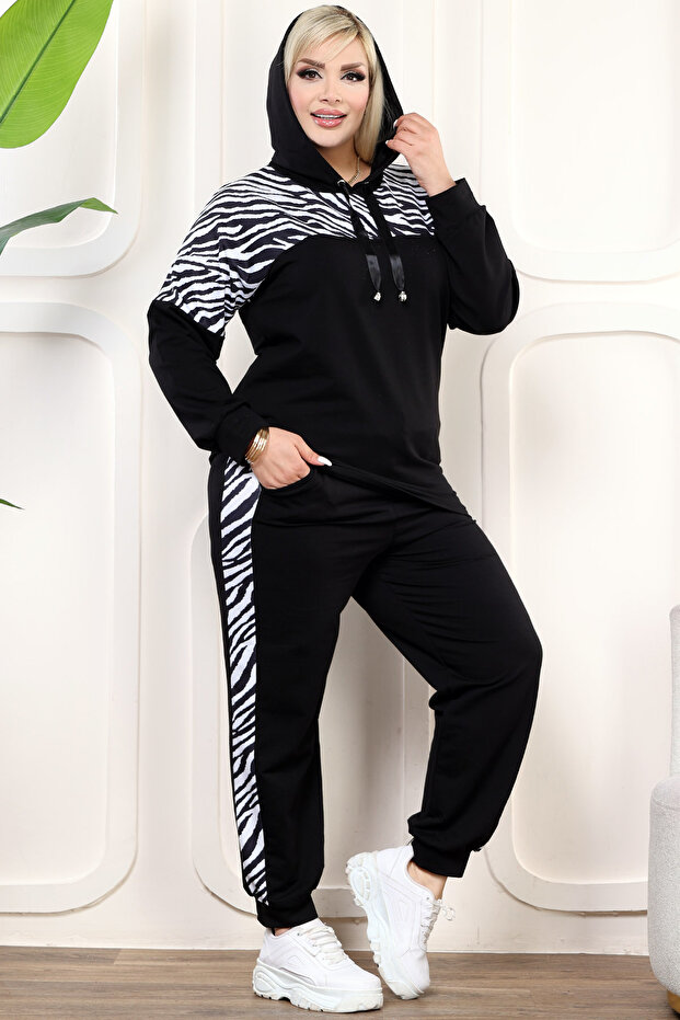 Plus Size Lace up Hooded Zebra Pattern Flexible and Stylish Lycra Tracksuit with Block Pockets - 2