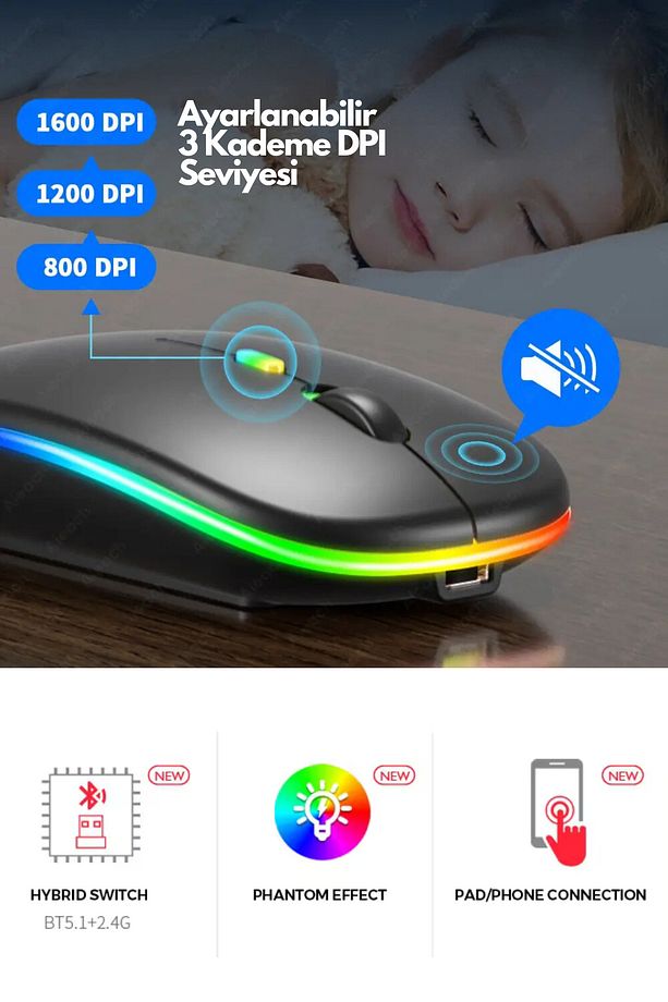 Bluetooth Wireless Kablosuz Mouse Çift Modlu Usb 2.4g Şarj Edilebilir 800/1200/1600dpi Rgb Led - 4
