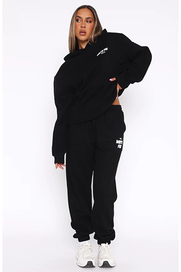 Wf Women's Black Elastic Waist Pocket White Vol 3 Printed Elastic Leg Tracksuit Bottom
