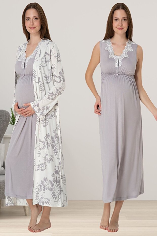 Effortt Gray Maternity Nightgown Set with Dressing Gown