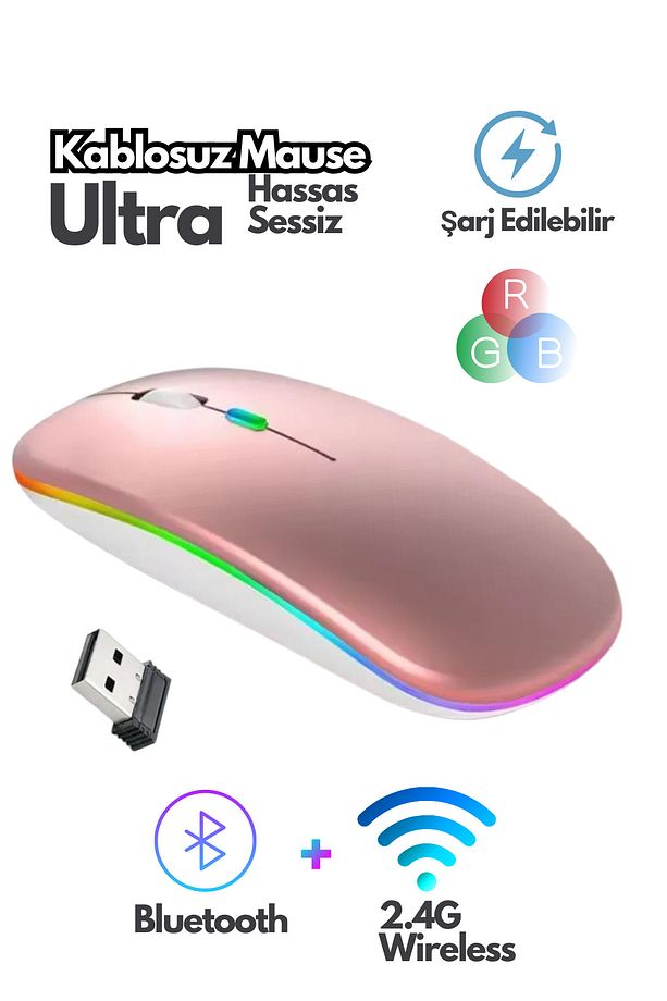 Bluetooth Wireless Kablosuz Mouse Çift Modlu Usb 2.4g Şarj Edilebilir 800/1200/1600dpi Rgb Led - 1