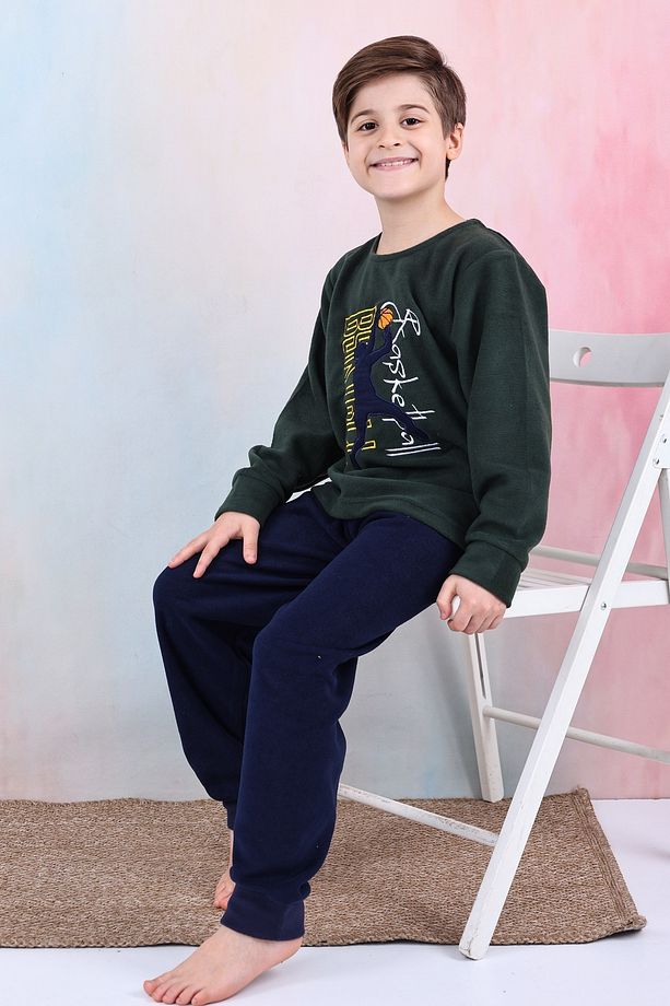 Bisiklet Yakalı, Basketbol Aplike Nakışlı, Yumuşacık, Sıcak Tutan, Kışlık Çocuk Polar Pijama Takımı - 4