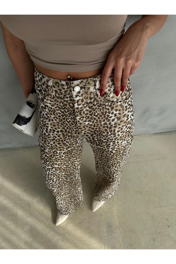 ZEO BASİC GOLD LEOPAR DESENLİ  VARAK BASKILI GENİŞ PAÇA PANTOLON - 3
