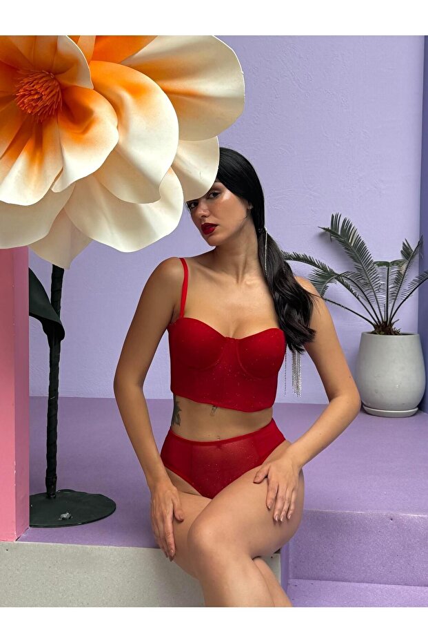 Red Bustier Suit with Sim Patterned Backing (687t) - 5