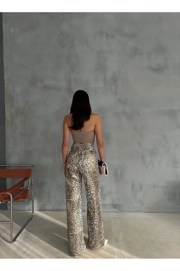 ZEO BASİC GOLD LEOPAR DESENLİ  VARAK BASKILI GENİŞ PAÇA PANTOLON - 4