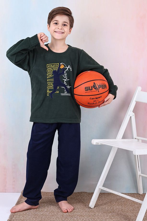 Bisiklet Yakalı, Basketbol Aplike Nakışlı, Yumuşacık, Sıcak Tutan, Kışlık Çocuk Polar Pijama Takımı - 3