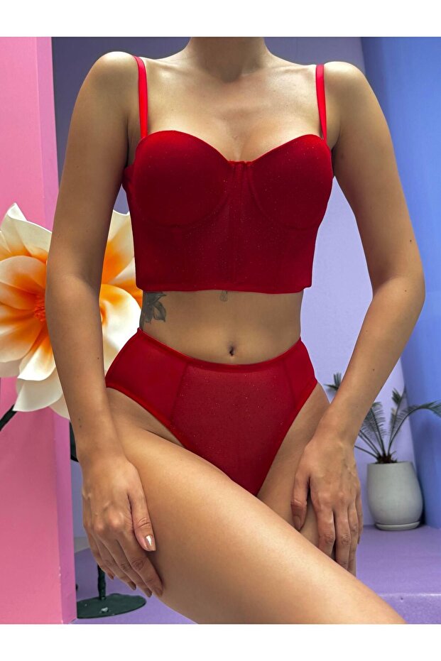 Red Bustier Suit with Sim Patterned Backing (687t) - 1