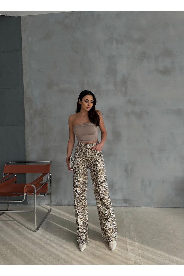 ZEO BASİC GOLD LEOPAR DESENLİ  VARAK BASKILI GENİŞ PAÇA PANTOLON - 8