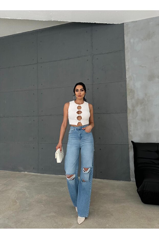 Zeo Basic Denim Wide-Leg Pants - Laser Cut Medium Blue - 4