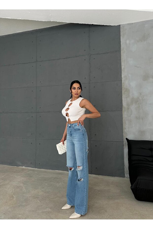 Zeo Basic Denim Wide-Leg Pants - Laser Cut Medium Blue - 5