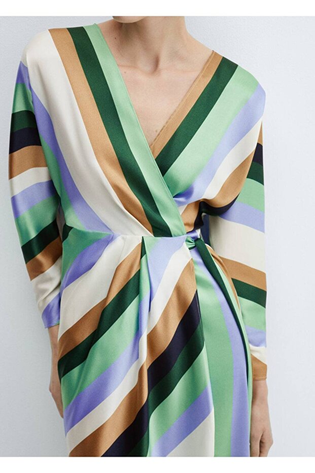 Çizgili Saten Elbise - 5