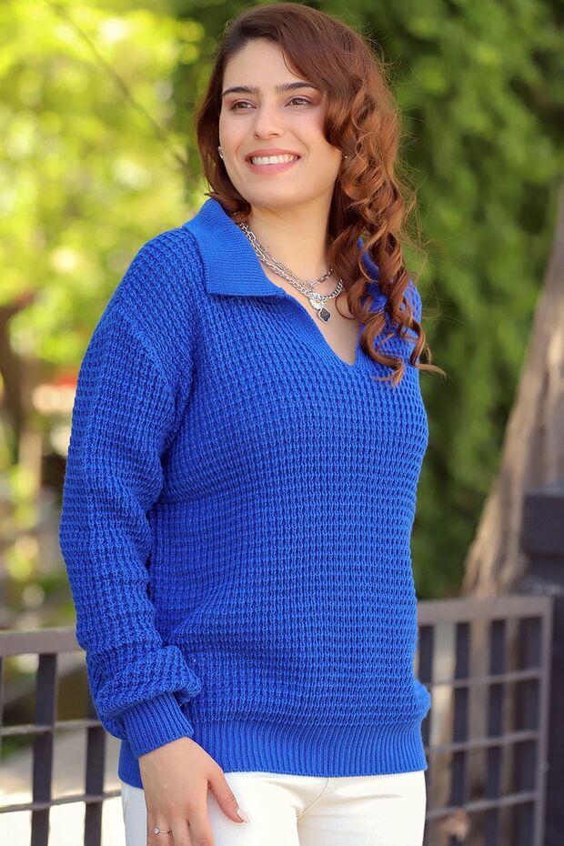 Women's Polo Collar Selanik Brioche Knit Long Sleeve Relaxed Fit Winter Thick Knit Sweater