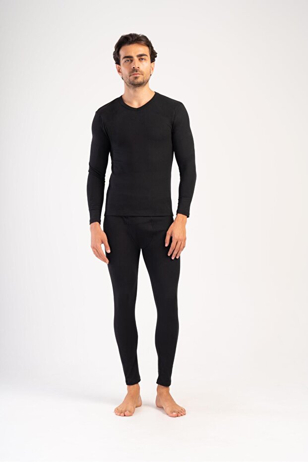 Men's Long Sleeve V-Neck Thermal Underwear Set 405157 Black