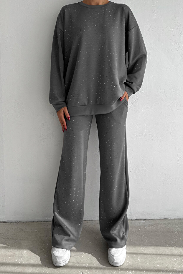Women's Modal Fabric Stone Embroidered Bottom Top Double Suit