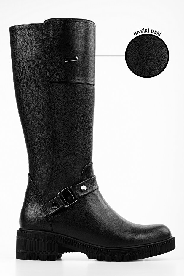 Women's Senda Black Genuine Leather Heeled Boots Black Genuine Leather