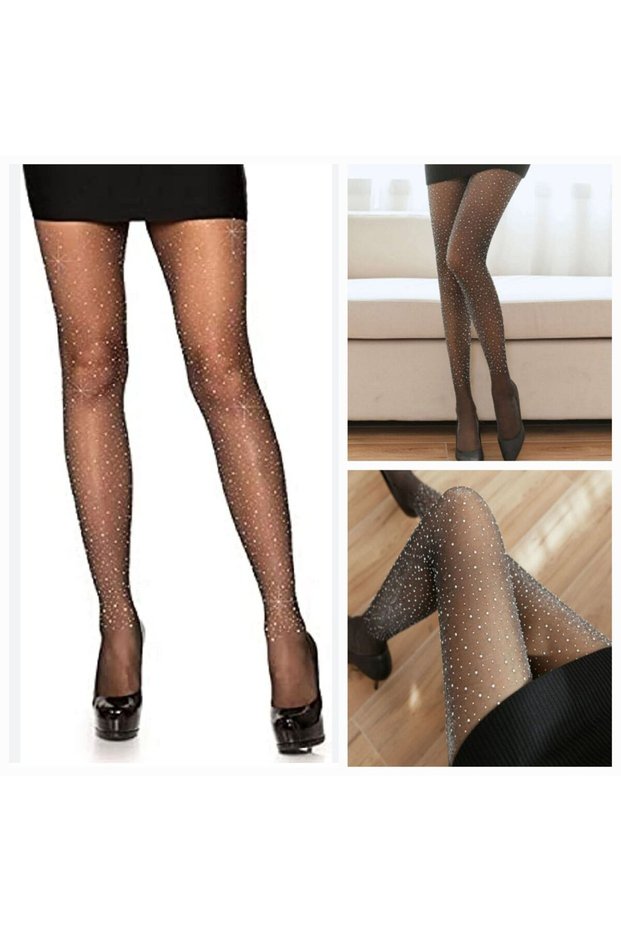 Tulle Rhinestone Pantyhose / Black Faux Gemstone Crystal Shimmer Pantyhose / Shiny Gemstone