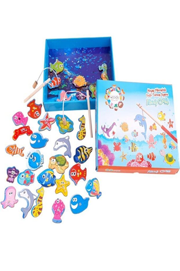 3 - 4 Yaş 32'li Havuzlu Ahşap Mıknatıslı Balık Tutma Kutulu Çocuk Oyunucak 4 Altın - 2