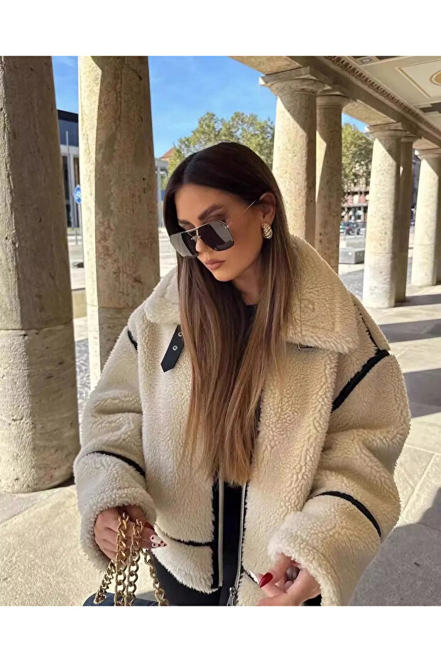 White Plush Oversize Biker Coat