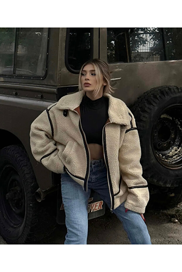 Ecru Plush Oversize Biker Coat