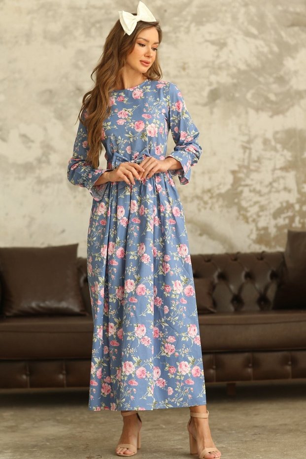 Hijab Blue Pink Rose Gathered Waist Dress
