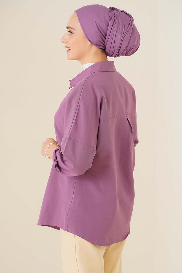 103901 Oversize Basic Tesettür Gömlek - Koyu Lila - 3