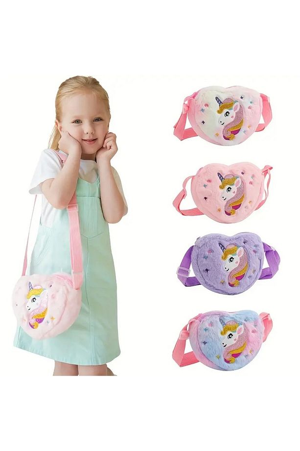 Peluş Unicorn İşlemeli Kalp Çapraz Çanta - Ayarlanabilir Askılı - 4