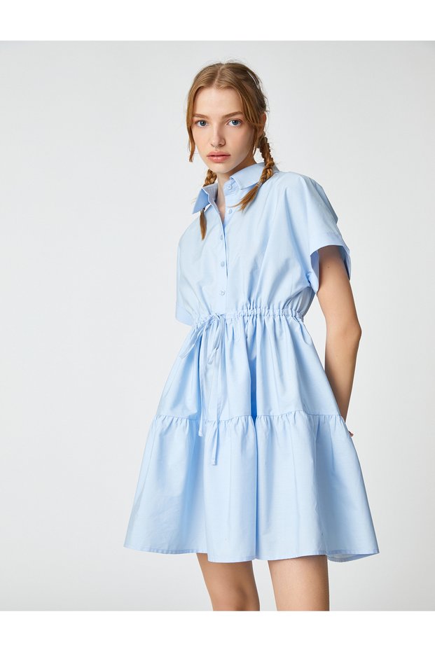 Poplin Shirt Dress Short Sleeve Buttoned Flounced Waist Gathered Bow Detail