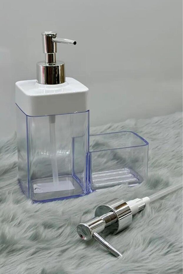 Süngerli Mutfak Sabunluğu & Bulaşık Deterjanlığı, Akrilik Sıvı Sabun Deterjan Şişesi Silver - 3