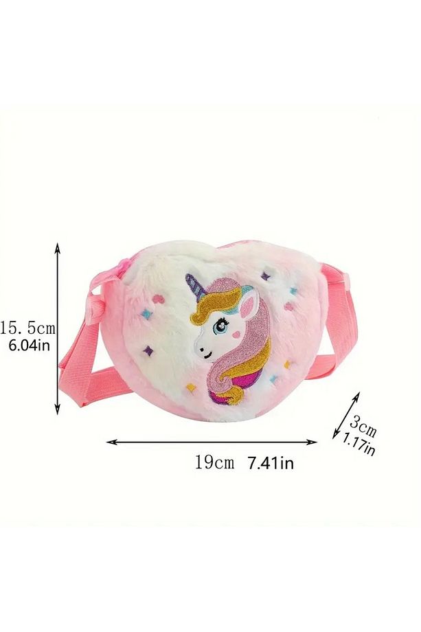 Peluş Unicorn İşlemeli Kalp Çapraz Çanta - Ayarlanabilir Askılı - 5