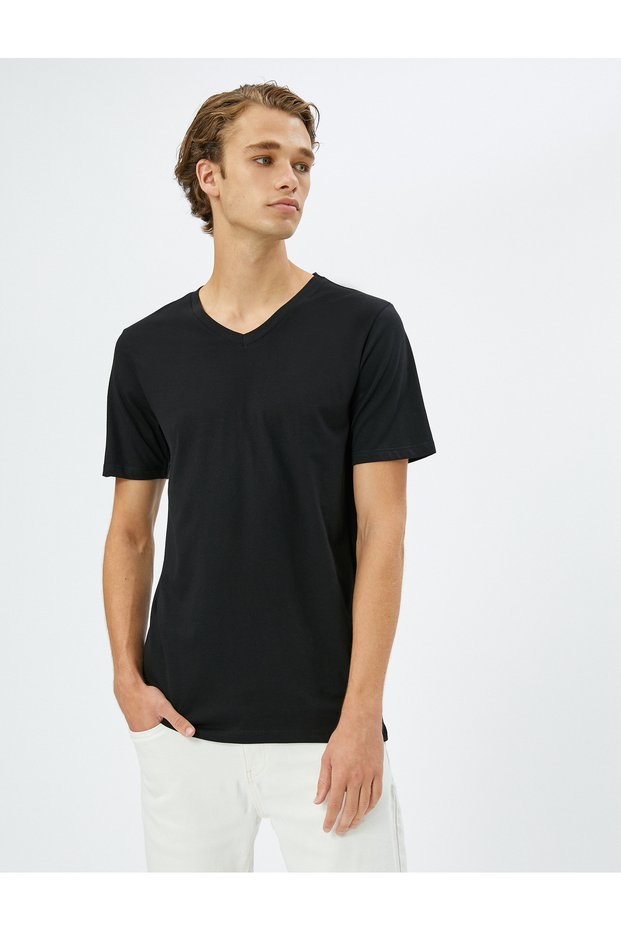 V Neck T-Shirt Basic Short Sleeve Cotton