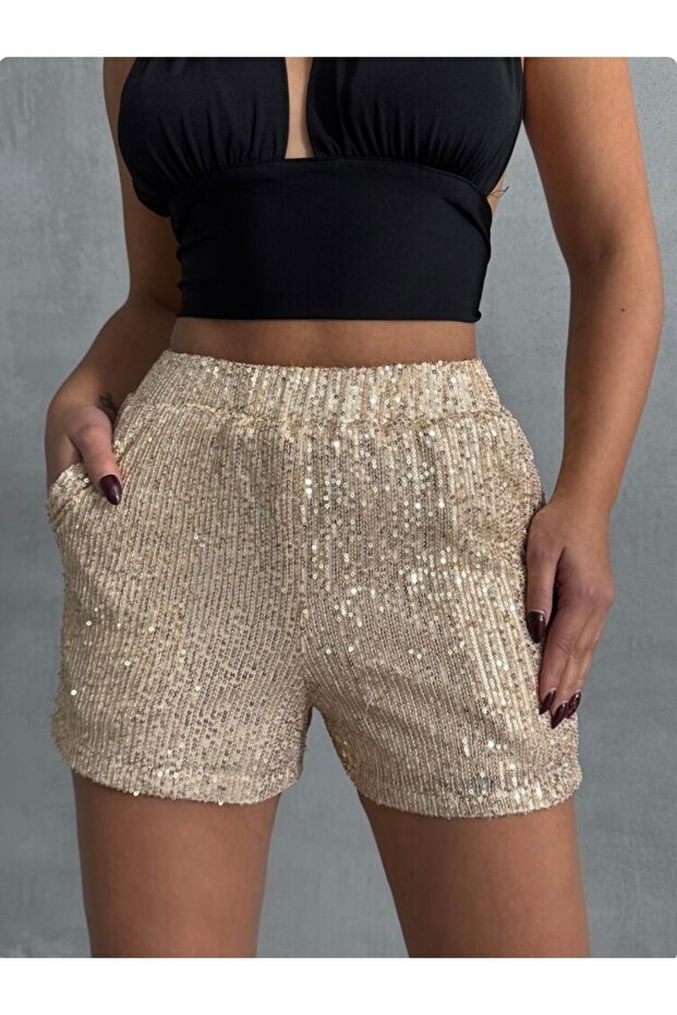 TAŞ RENGİ PULLU ABİYE ŞORT - 1