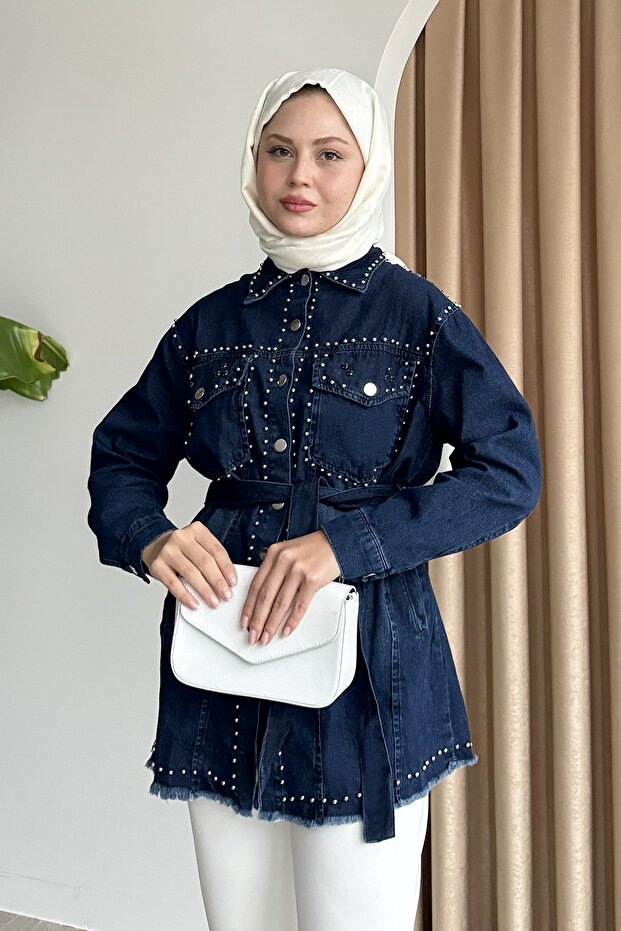 Stone Detailed Denim Blue Shirt Jacket