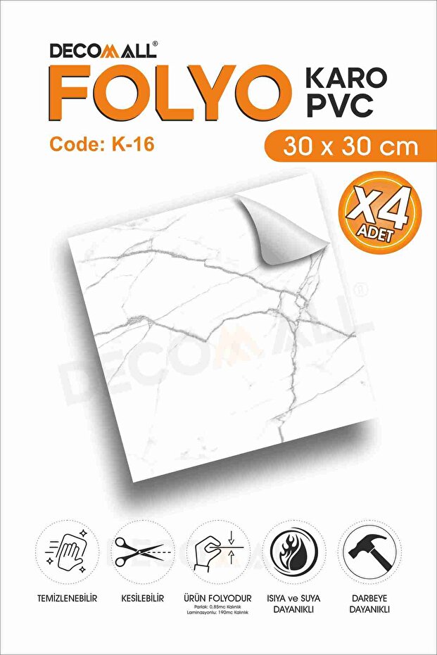 CodeK-16 Kendinden Yapışkanlı FOLYO KARO Suya Dayanıklı Mutfak Banyo Zemin Kaplama 30x30 Cm(4 ADET) - 1