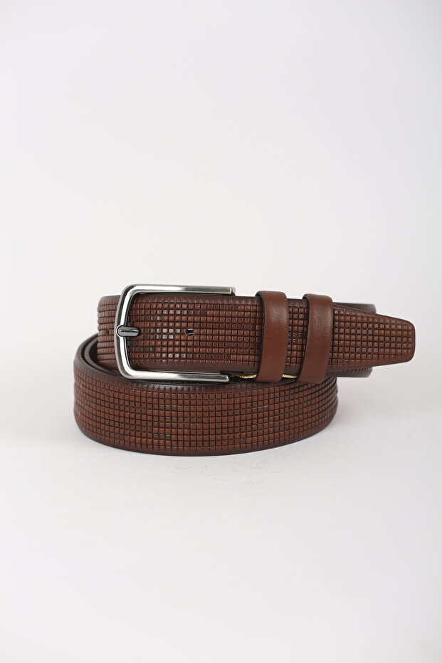 3.5 cm Pitikare Patterned Hazelnut Color Leather Belt