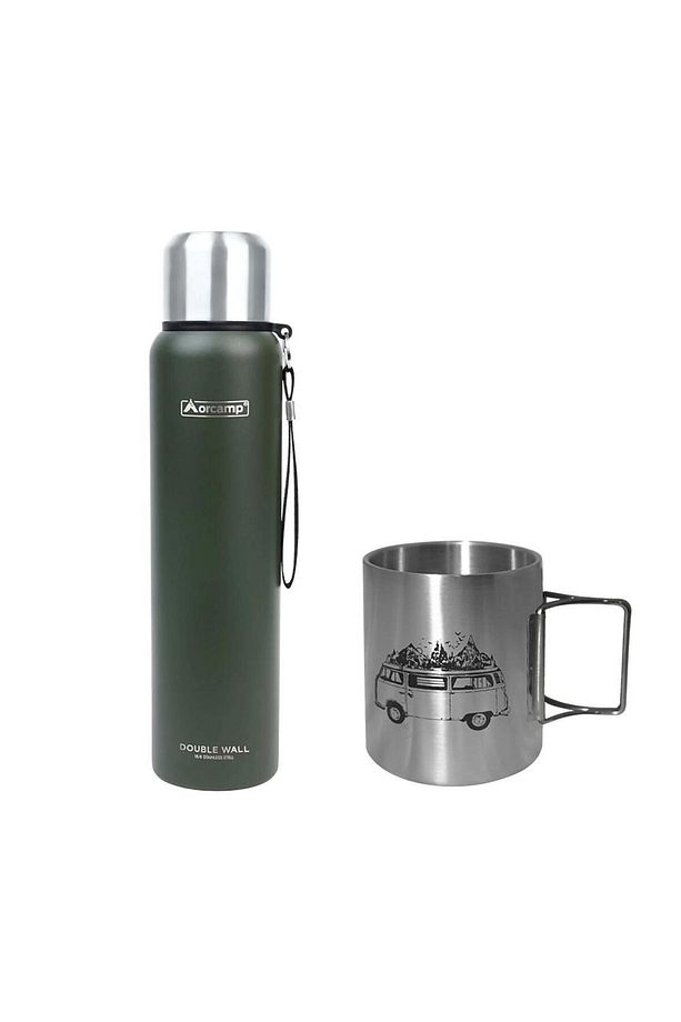 Çelik Termos 1 Lt Yeşil Out-5050 Katlanır Saplı Çelik Kupa Karavan 180 ml Kupa Out-180 - 1