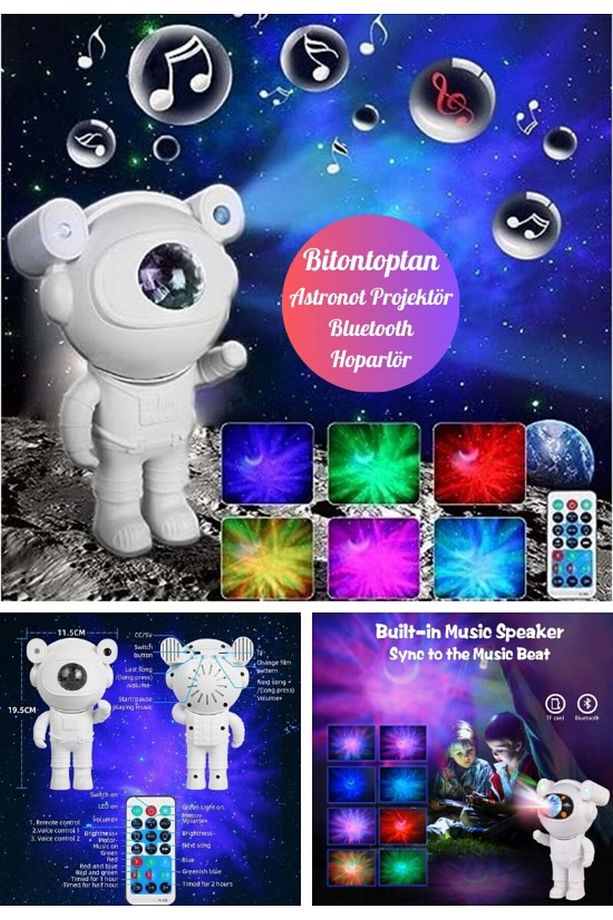 Yeni Nesil Bluetooth Hoparlörlü Astronot Yıldız Gezegen Projektörü Kumandalı Gece Lambası Büyük Boy - 1