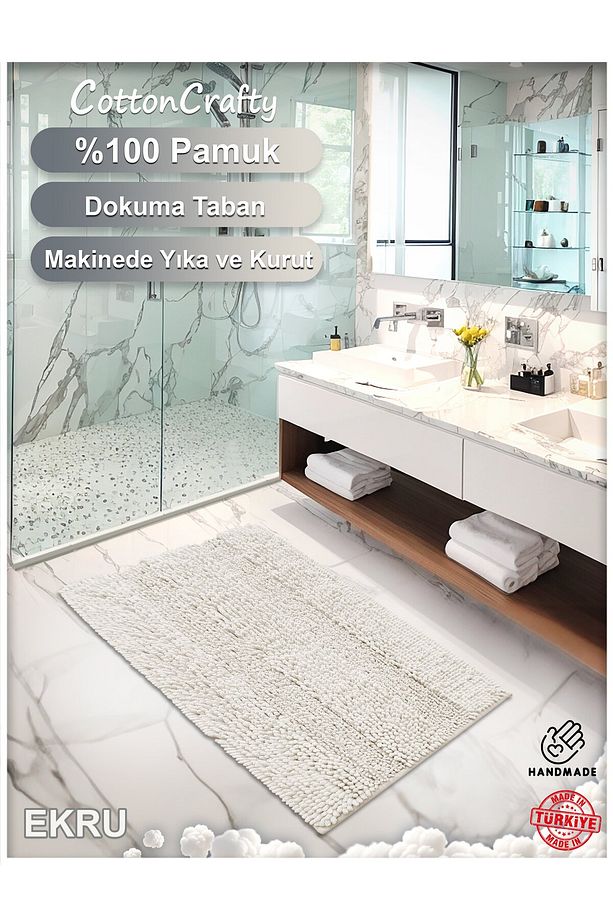 Pamuk Tafting Su Emici Banyo Paspas Seti, Banyo Halısı Makarna 60x100 Cm - 4