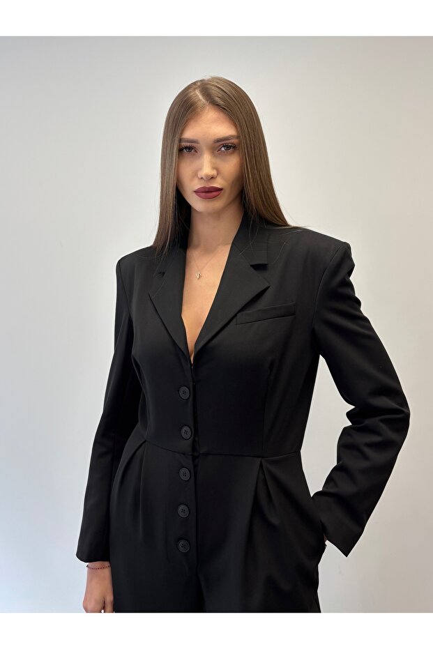 Omuz Vatkalı Düğmeli Tulum - 4