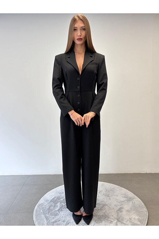 Omuz Vatkalı Düğmeli Tulum - 6