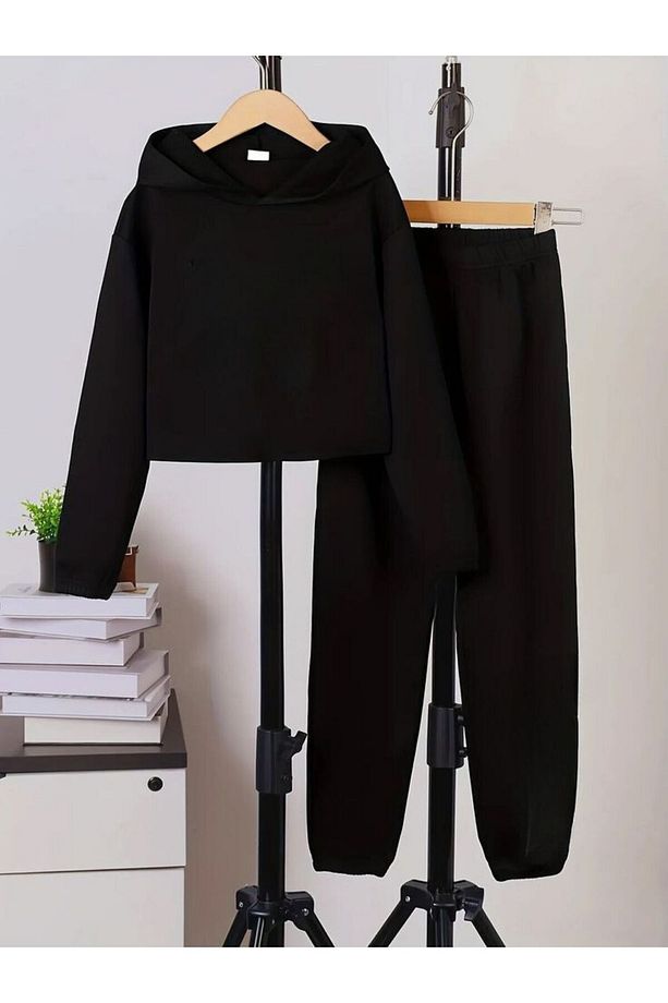 Sweat Crop&Lastikli Alt Kız Çocuk Eşofman Takımı - 1