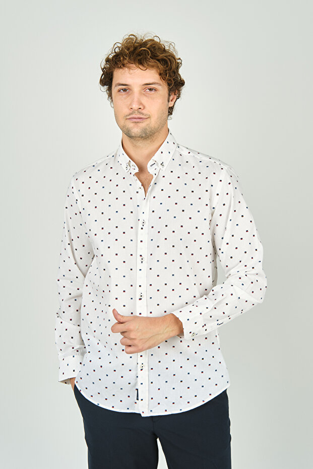Ecru Men's Slim Fit Print Long Sleeve Cotton Shirt 2041